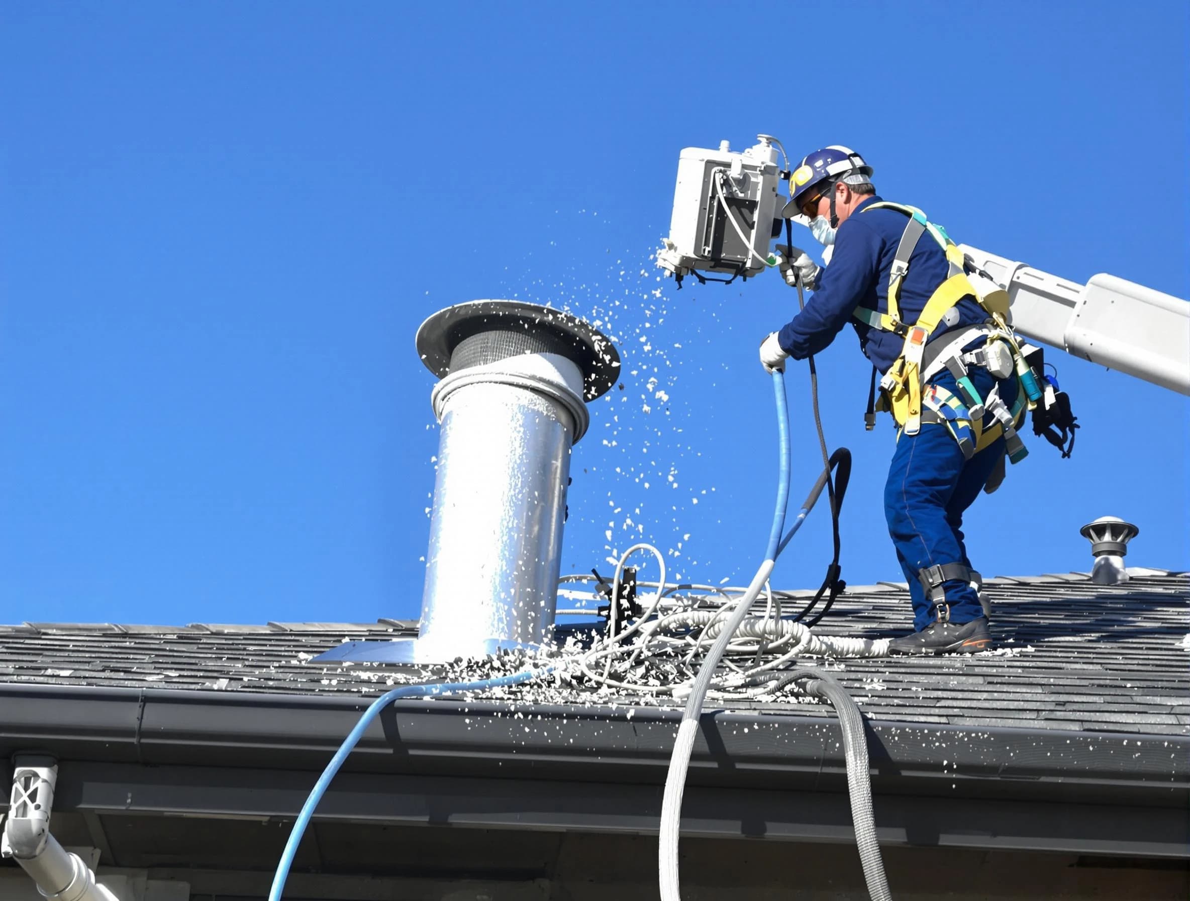 La Vergne Dryer Vent Cleaning certified technician safely cleaning a roof-mounted dryer vent in La Vergne