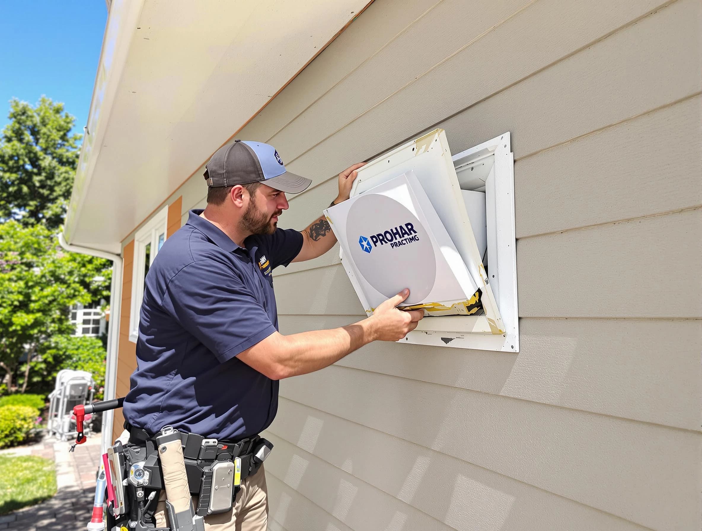 La Vergne Dryer Vent Cleaning technician installing a new protective dryer vent cover on a home in La Vergne